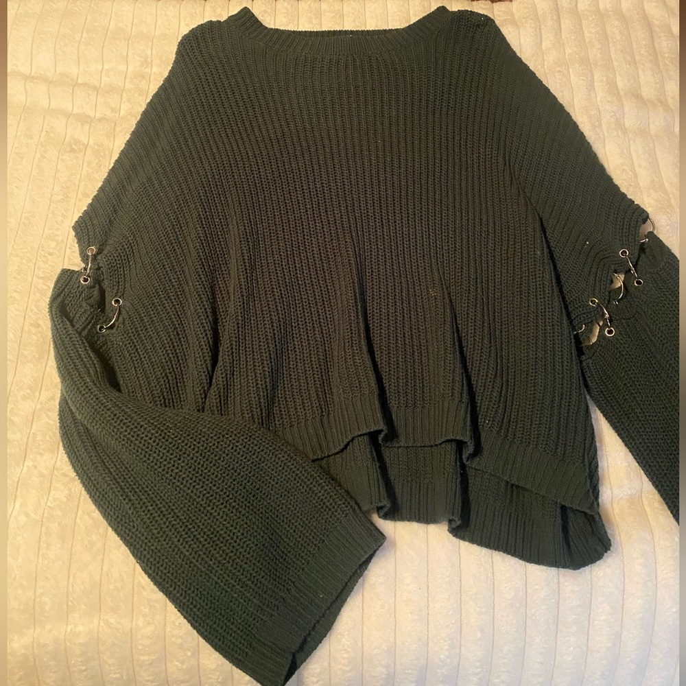 ASOS Dark Green Chunky Knit Sweater with Grommet Sleeve Detail